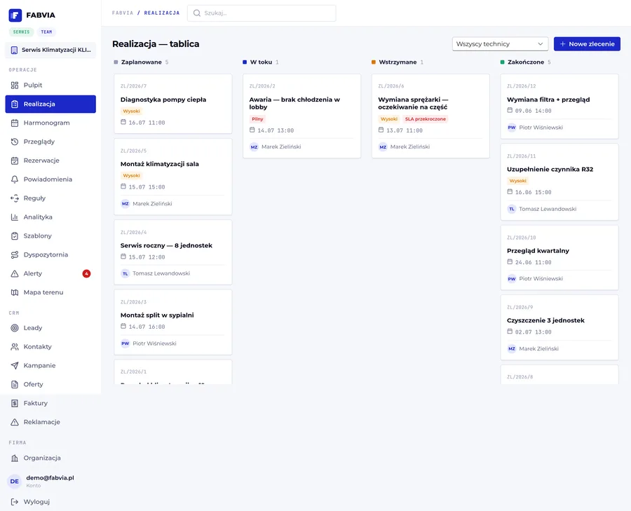Tablica kanban ze statusami zleceń