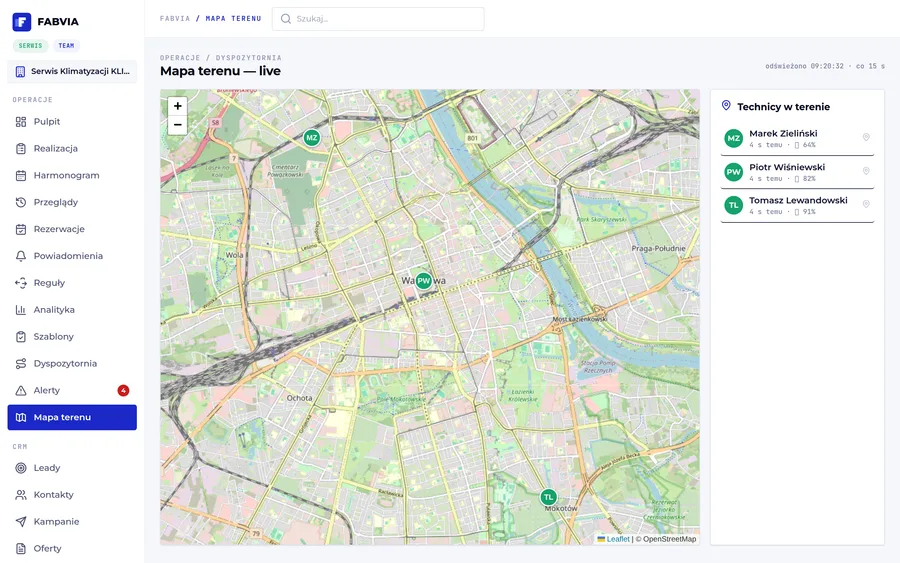 Mapa terenu z pozycjami techników na żywo